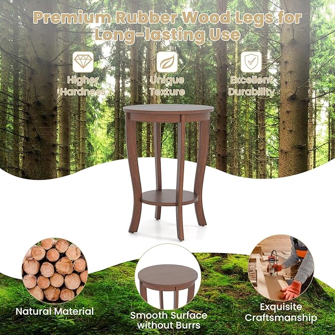 GOFLAME 2-Tier Round End Table, 18” Sofa Side Table with Storage Shelf, Floor Tea Table with Solid Wood Legs, Compact Nightstand for Small Space, Living Room, Bedroom, Walnut