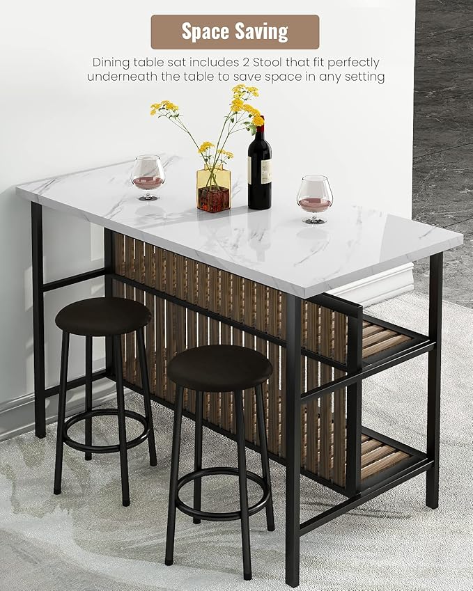 Lamerge 3 Piece Bar Table and Chairs Set,Industrial Kitchen Island Table with Storage and Seating,Faux Marble Kitchen Tables Set for 2 with Shelves,Counter Height Table Set for Small Space,White