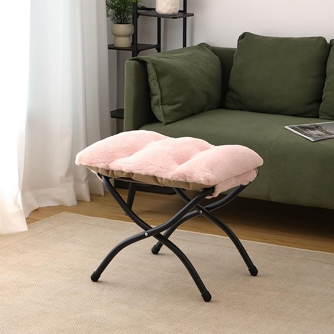 Mordchil HF 15"(H) Folding Ottoman, Foldable Footrest Stool, Portable Small Foot Stool for Couch, Collapsible Foot Rest Ottoman for Sofa, Accent Padded Ottomans for Living Room, Bedroom, Pink