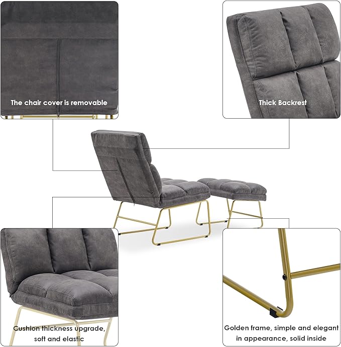 MCombo Accent Chair with Ottoman Set, Modern Armless Chair for Living Room, Bedroom, Small Space 4013 (Heat-Stamped Fabric, Grey)