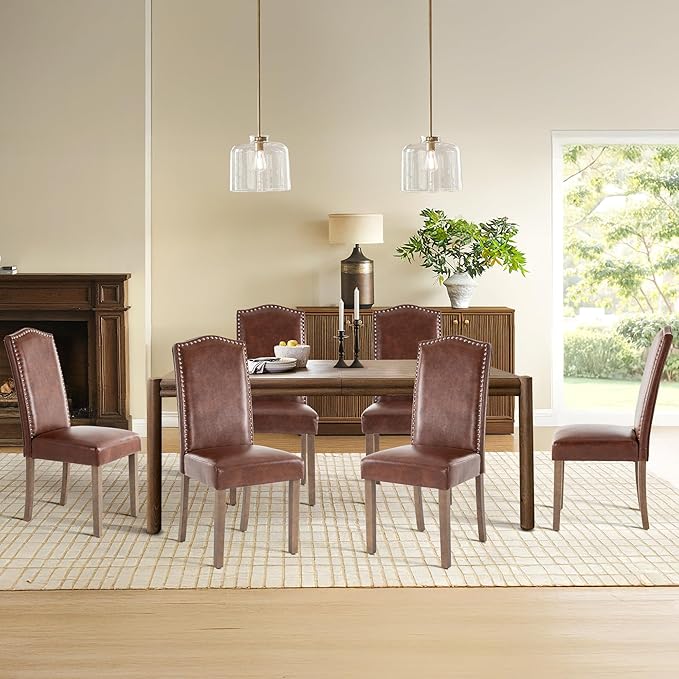 SNUGWAY Upholstered Dining Chair Stylish Parsons Kitchen High Back with Silver Nailhead Trim & Wood Legs, 6-Pack, PU Light Brown