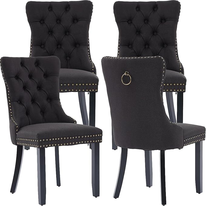 YeahFurn Black Mid Century Modern Dining Chairs Set of 4, Linen Upholstered Kitchen & Dining Room Chairs with Nailhead Trim & Solid Wood Legs, Elegant Sillas De Comedor (Black, 4 Pcs)