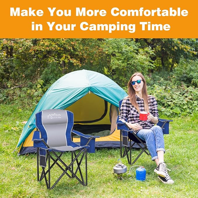 SAILARY 2PCS Folding Camping Chair Portable Outdoor Heavy Duty Padded Chairs Lawn Chair with Cup Holder, Storage Pocket and Cooler Bag, Supports 450LBS Blue