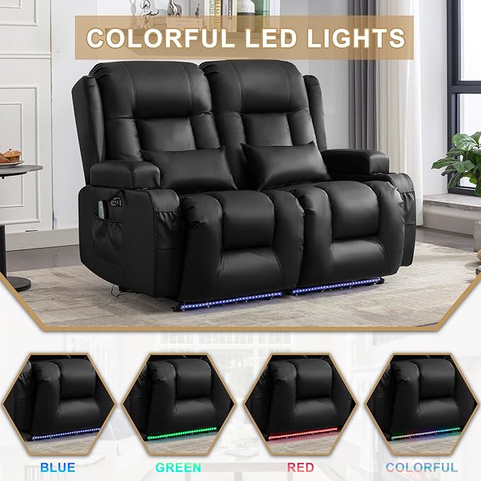 URRED Loveseat Recliner Sofa with Massage and Heat, Power Reclining Loveseat Sofa RV Couch Home Theater Seating with LED Lights, Cup Holders, Side Pockets, USB, Pillows, Faux Leather, Black