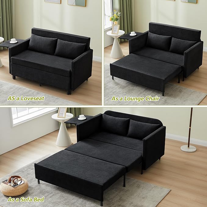QHITTY Pull Out Couch Bed, 2-in-1 Sleeper Sofa Small Loveseat Bed with Hidden Side Table and Iron Frame for Living Room, Small Space, Apartment (Black)
