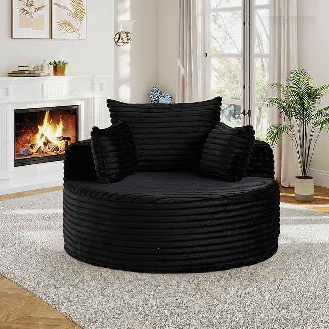 50"W Oversized Round Chaise Lounge Chair Indoor, Upholstered Corduroy Deep Seat Cloud Circle Sofa Chair, Modern Fluffy Comfy Floor Reading Armchair for Living Room, Bedroom, No Assembly Required,Black