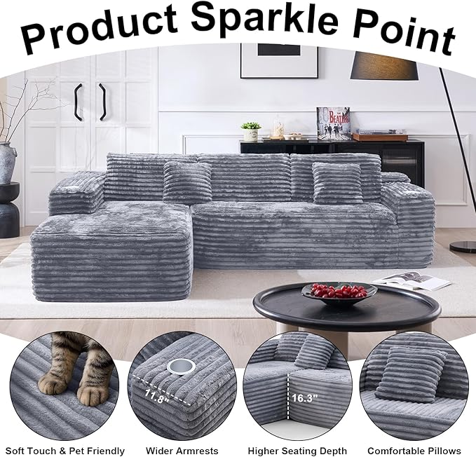 Cloud Sectional Couch with L-Shape Chaise, Modern Modular Sofa with Deep Seat, Built-in Cup Holder & Storage Pocket for Living Room Bedroom, No Assembly Required (Light Grey, Left Sitting Chaise)