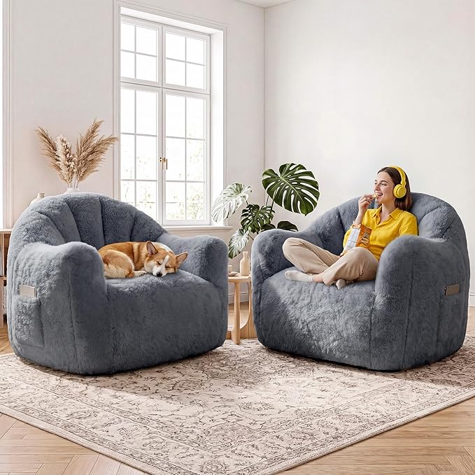 Homkdom Bean Bag Chair, Giant Bean Bag Chairs for Adults, Shell-Shaped Bean Bag Couch with Armrests & Side Pockets, Comfy Beanbag Lazy Couch Reading Chair for Bedroom, Living Room, Bluegrey