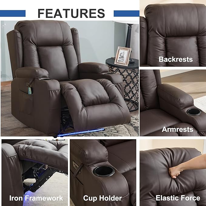 URRED Recliner Chair with Massage and Heat, Power Reclining Sofa Chair Home Theater Seating with LED Ambient Light, USB Ports, Cup Holders, Side Pockets, Faux Leather, Dark Brown