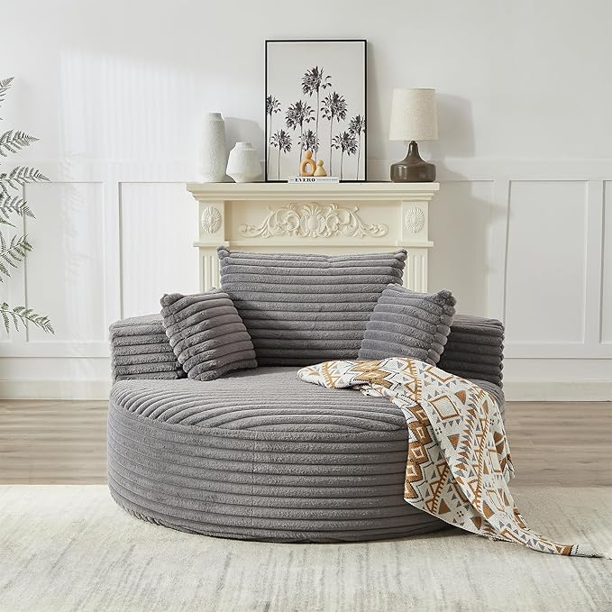 Oversized Round Chaise Longue Chair Indoor, Modern 55-inch Upholstered Corduroy Deep Seat Circle Single Cloud Lounge Floor Sofa Chair for Living Room, Bedroom Apartment, Grey