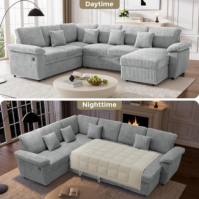 Modular Sectional Sleeper Sofa with Pull Out Bed, Storage Chaise & USB Charging, U Shaped Plush Corduroy Sectional Couches for Living Room, Comfy Convertible 7 Seat Cloud Sofa Bed, Light Grey