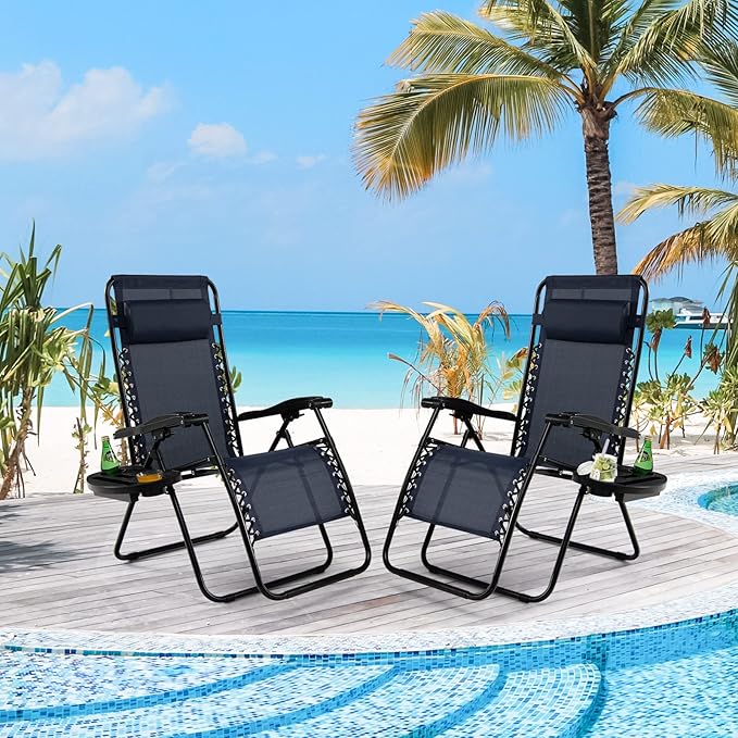 Tangkula Zero Gravity Chair, Folding Patio Lounge Chair Adjustable Outdoor Recliner with Cup Holder, Wide Armrest for Patio Garden Poolside Outdoor Yard Beach, Support 350 lbs (1, Navy Blue)