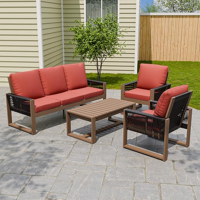 INTER HUT Rustic Hideaway Natural Cedar Wood Outdoor Furniture Set, Wicker Patio Conversation Set for Porch Garden Backyard, Couch, 2 Patio Chairs and Coffee Table, 4 Piece, Brownish/Red