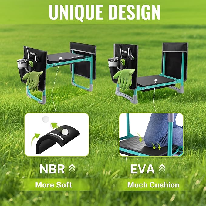 WORKPRO Garden Kneeler and Seat, 10" Wider Heavy Duty Foldable Gardener Stool with 2 Tool Bag Pouchs, NBR & EVA Foam Pad, Outdoor Portable Kneeler Bench for Gardening