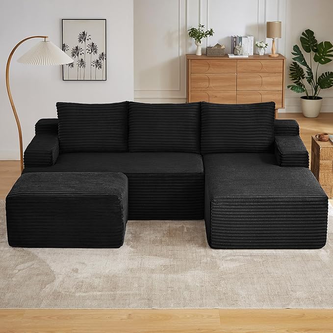 96" W Cloud Sectional Couch with Ottoman,Modern U-Shaped Cloud Couch with Side Pockets,Comfy Corduroy 3-Seater Sofa,Memory Foam Sofa for Living Room,No Assembly (Black,Right-Facing Chaise)