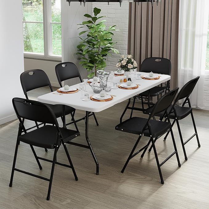 Folding Chairs, Plastic Foldable Chair, Outdoor Plastic Sturdy Metal Folding Chairs, Heavy Duty Foldable Commercial Seating for Picnic, Party, Patio 6 Pack Black