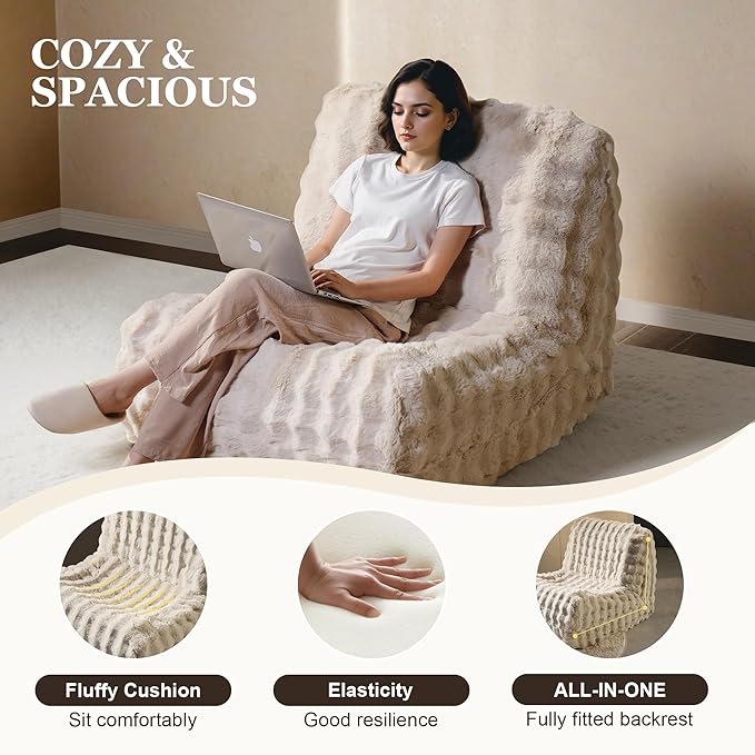 Bean Bag Chair for Adults, Lovely Bean Bag Chair with Plush Faux Fur, Lazy Floor Sofa, Comfy Reading Nook Chairs, Couch Single Sofa for Living Room Bedroom Office (Beige)