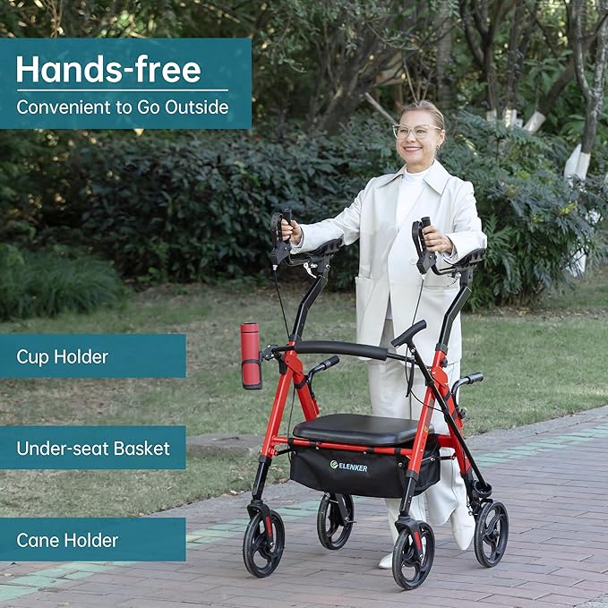 ELENKER Heavy Duty Upright Walker with Extra Wide Padded Seat and Backrest, Aluminum Bariatric Stand Up Rolling Walker, 10” Wheels, Fully Adjustment Frame, Support up to 500 lbs for Seniors, Red