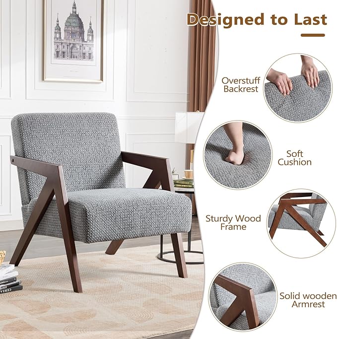 Bonzy Home Mid-Century Modern Accent Chair with Solid Wood Frame, Upholstered Armchair for Bedroom & Living Room,Reading Side Chair with Soft Lien Fabric Cushion,Easy Assembly