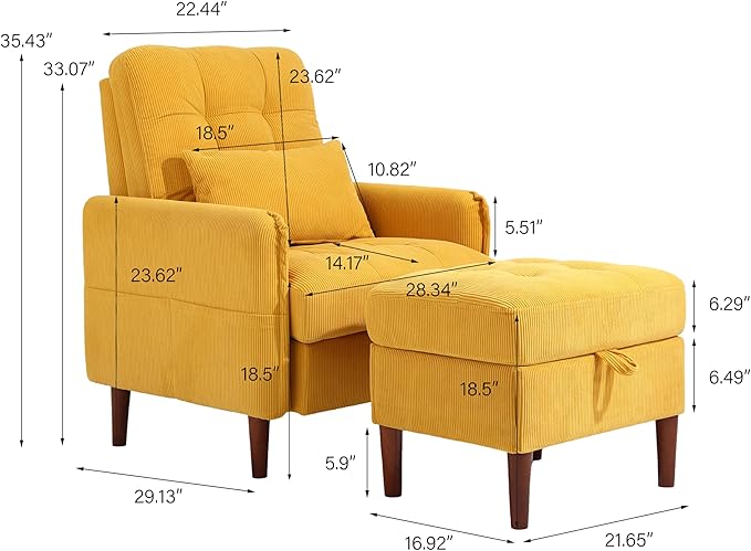 Lumibee Accent Chair with Storage Ottoman, Upholstered Comfy Reading Chair with Adjustable Reclining Backrest, Corduroy Fabric Lounge Chair Armchair for Living Room Bedroom, Set of 2, Orange