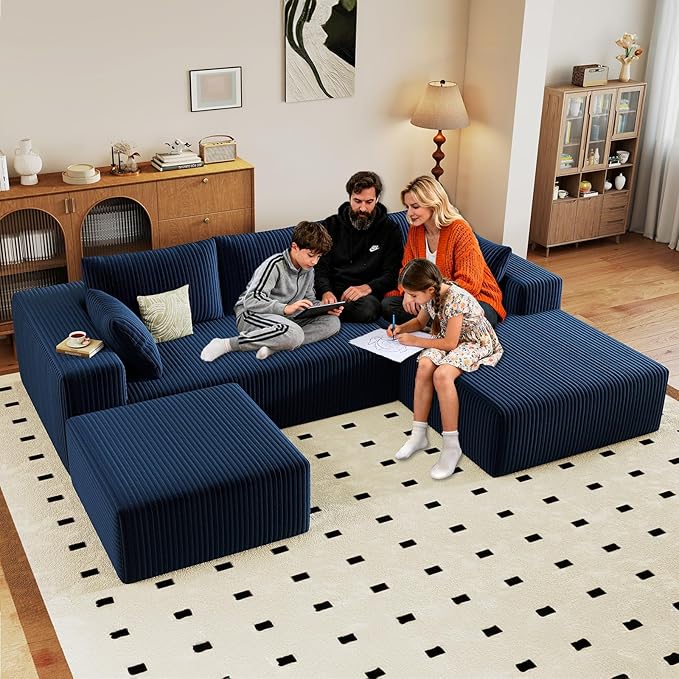 96" W Cloud Sectional Couch with Ottoman,Modern U-Shaped Cloud Couch with Deep Seat,Comfy Corduroy 3-Seater Sofa,Memory Foam Sofa for Living Room,No Assembly (Blue,Right-Facing Chaise)