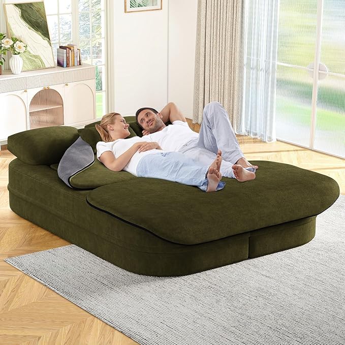 Antetek Convertible Sleeper Sofa, Modern Folding Futon Chenille Floor Foam Compression Loveseat Sofa Bed Couch, Foldable Full Size Guest Bed with 4 Pillows for Living Room Bedroom Apartment, Green