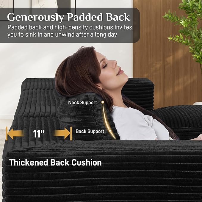 Modular Sectional Sofa, 130" U Shaped Cloud Couch Plush Corduroy Comfy Deep Seat Boneless Sofas with 8 Pillows Double Chaise Lounge Sectional Couches with Memory Foam for Living Room - Black