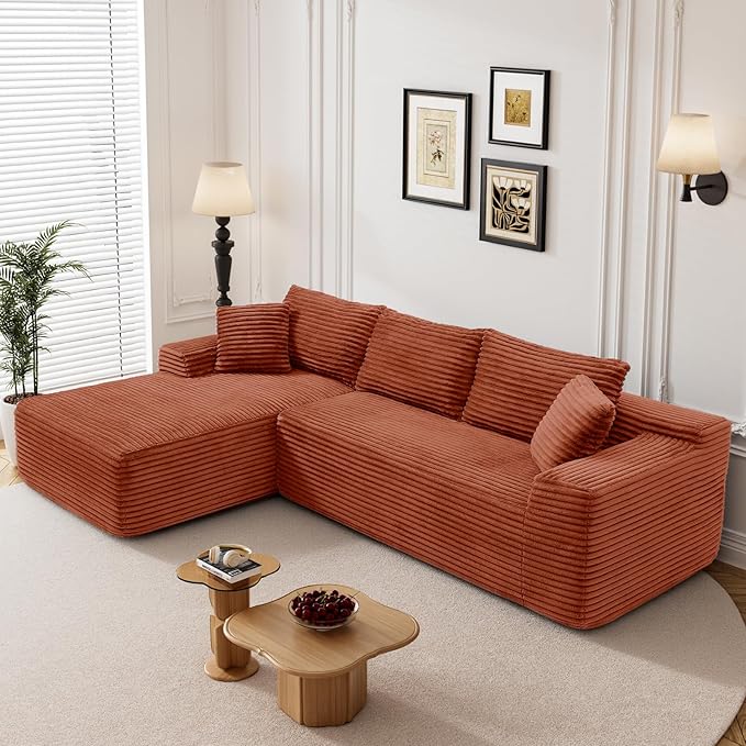95" Boneless Cloud Sectional Couches for Living Room, Comfy Fluffy L Shaped Memory Foam Deep Seat Boneless Couch, Modular Sectional Sofa with Left Facing Chaise, Orange