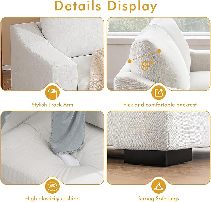 ELUCHANG Oversized Sofa Bed, Upholstered Chaise Lounge Comfy Sleeper Sofa with Soild Wood Frame, Deep Seat Sofa Couch for Living Room Bedroom Apartment, Linen, White