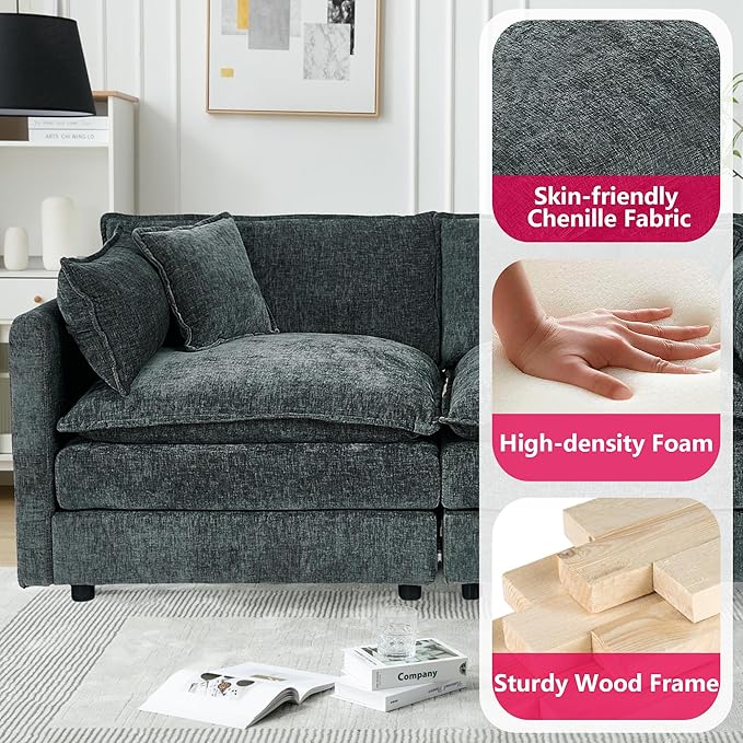 Aoowow Modular Sectional Sofa Modern Convertible Loveseat Couch,77.16 Inch Deep 2-Seater Sofas Comfy Chenille Cloud Sofas and Couches Set with 2 Movable Ottoman for Living Room Apartment（Grey）
