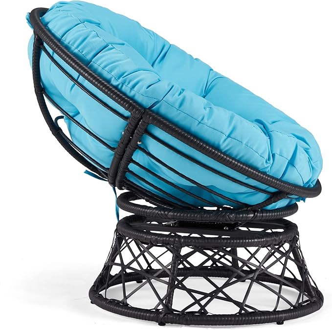 Kromax 40" Ergonomic Wicker Papasan Chair, 360° Swivel Round Egg Chair with Soft Thick Cushion, Indoor Outdoor Use for Living Room, Bedroom, Reading Room, Black Frame with Blue Cushion