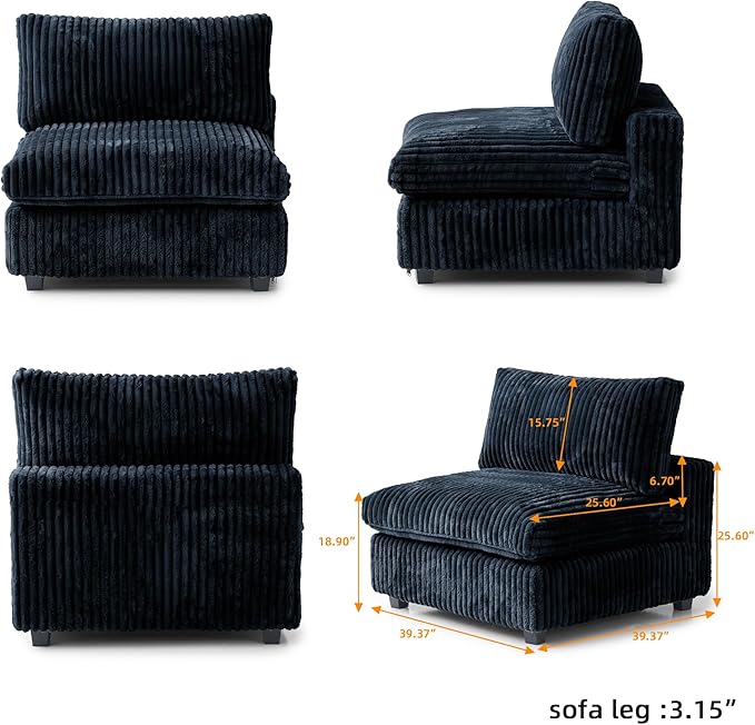 WJShome Cloud Modular Sectional Sofa, Plush Sofas for Living Room,39.37inch Middle Seater,Black