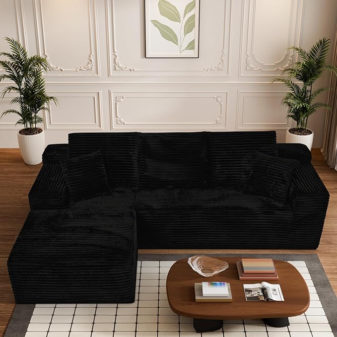Modular Sectional Sofa Cloud Sectional Couch, 107" Comfy Fluffy L Shaped Jet Black Couches for Living Room, Memory Foam Deep Seat Corduroy Boneless Couch Sectionals Left Facing Chaise Sofas