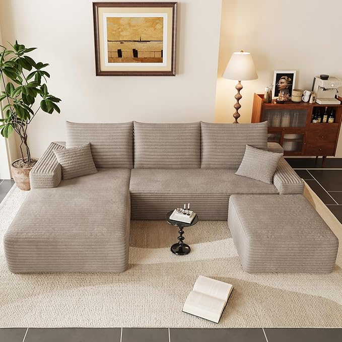 95" U-Shape Cloud Couch, Modern Modular Sectional L-Shape Sofa with Ottoman, Corduroy Upholstered Couches Deep Seat Sleeper Chaise Longue for Living Room, No Assembly Required(Camel, Left Facing)