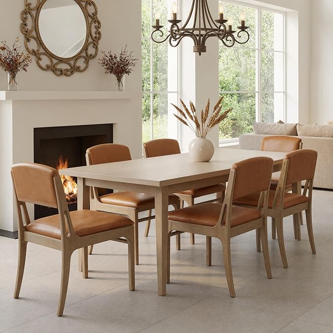Mid Century Upholstered Dining Chairs Set of 4, Armless Farmhouse Leather Dining Chairs, Kitchen & Dining Room Chairs with Open Back, Accent Side Chairs for Living Room with Walnut Wood Frame, Brown