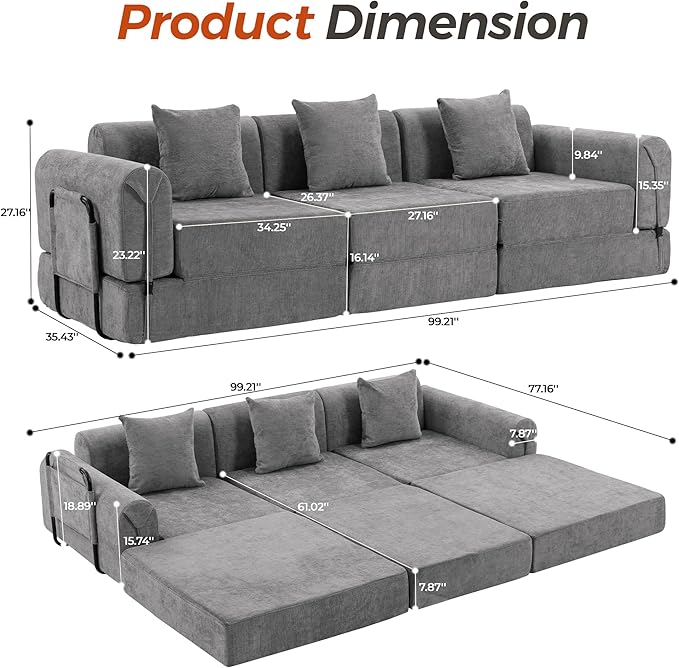 100" Oversized Convertible Sleeper Sofa Bed, Modular Sectional Cloud Sofa with Fixed-Shape Frame & Tabletop, Boneless Couch with Storage Pocket for Living Room, No Assembly Required, Dark Gray