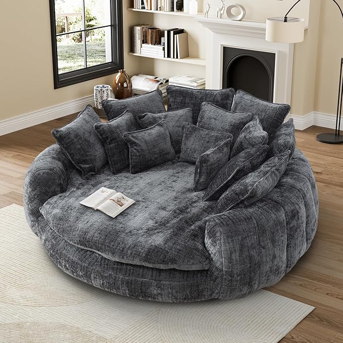 81" Oversized Bean Bag Chair Boneless Round Chaise Lounge Comfy Chenille Reading Chair Fluffy Plush Sofa Bed Large Deep Seat Circle Cloud Couch for Living Room, Bedroom, Apartment, Dark Gray