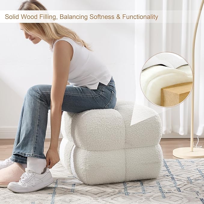 Zesthouse Square Pouf Ottoman, Modern Ottoman Coffee Table for Living Room, Fuzzy Sherpa Couch Foot Rest, Upholstered Tufted Cube Stool for Couch, White