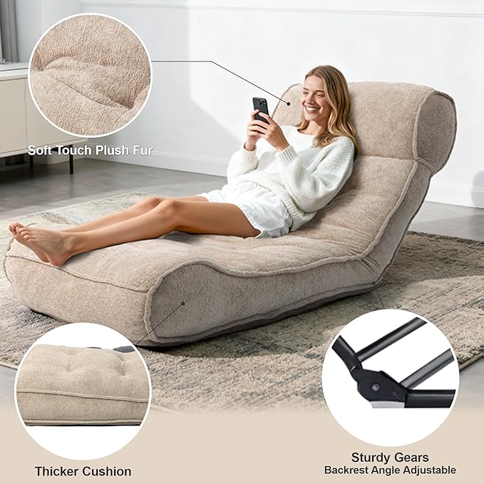 Lazy Floor Bed 83" – Extra Comfy Sleeper Chaise Lounge Chair Indoor, Adjustable Recliner Floor Lounger, Plush Futon Chair Bed for Yoga, Gaming, Meditation & Reading Nook (Recliner, Camel)