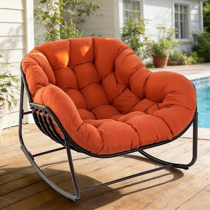 Sgentle Papasan Rocking Chair Outdoor, Oversized Patio Rocking Chair with Cushions & Steel Frame, Wicker Egg Lounge Chair Indoor, Comfy Reading Chair for Patio, Deck, Porch (Red, Style 1)