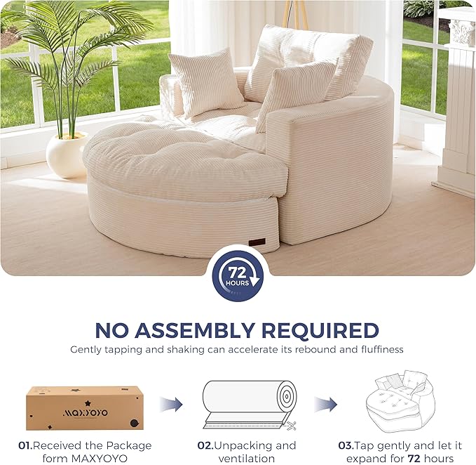 MAXYOYO Oversized Round Chaise Lounge Sofa, Upholstered Lounge Chair with 3 Pillows, Boneless Sofa Couch with Ottoman, Deep Seat Sleeper Chair for Living Room, Bedroom, No Assembly, Beige