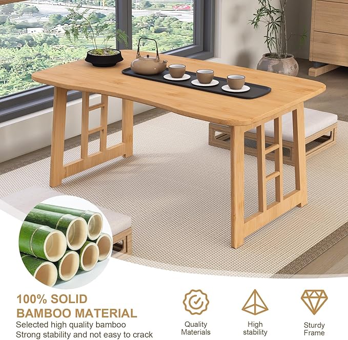 Japanese Folding Coffee Table,Bamboo Foldable Low Table for Sitting On Floor,Collapsible Floor Tea Tables,Portable Meditation Table for Tatami Living Room Bay Window Office Apartment (Wood color)
