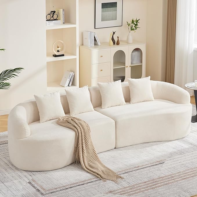 110.2" Curved Boneless Couch, Oversized Cloud Sofa with 4 Pillows, Modern 4 Seater Modular Sectional Sofa, Boneless Sectional Couches for Living Room, Curved Foam Couch, Beige