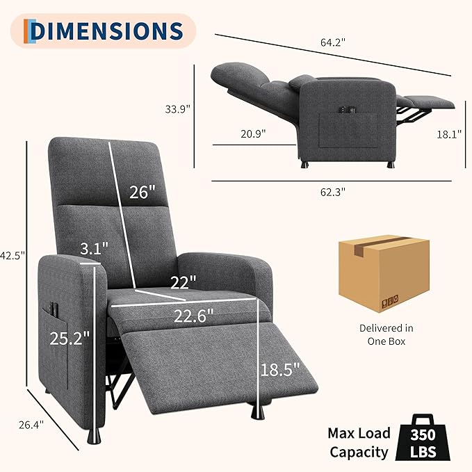 GarveeHome Power Recliner Chair, Adjustable Electric Recliner Ergonomic Overstuffed Single Sofa, Tall Back, Padded Seat, 2 Side Pockets and USB Port, Home Theater Seating for Living Room