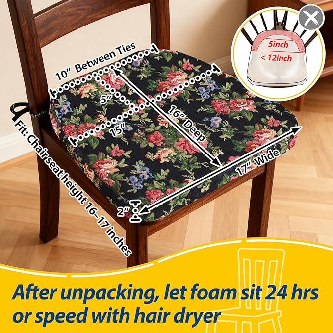 AAAAAcessories D-Shaped Chair Cushions, 2" Thick Dining Chair Pads with Ties and Removable, Machine-Washable Cover, 17" x 16", Night-Blooming Blossoms