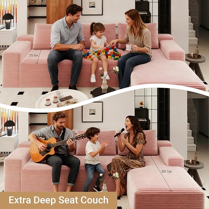 KAPEETOO Modular Sectional Sofa Cloud Couch for Living Room, Right L Shaped Boneless Couch with Chaise Longue, Oversize 3-Seater Sectional Sleeper Sofa Set with Deep Seat Bedroom (Pink)