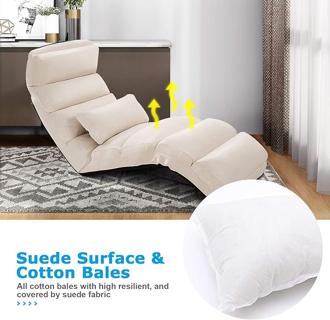 Moccha Floor Chairs for Adults, Adjustable 5-Position Floor Lounger w/Thick Padded & Pillow, No Assembly Folding Lazy Sofa Chair for Gaming, Sleeping, Light Weight Chaise Lounge Indoor, Beige