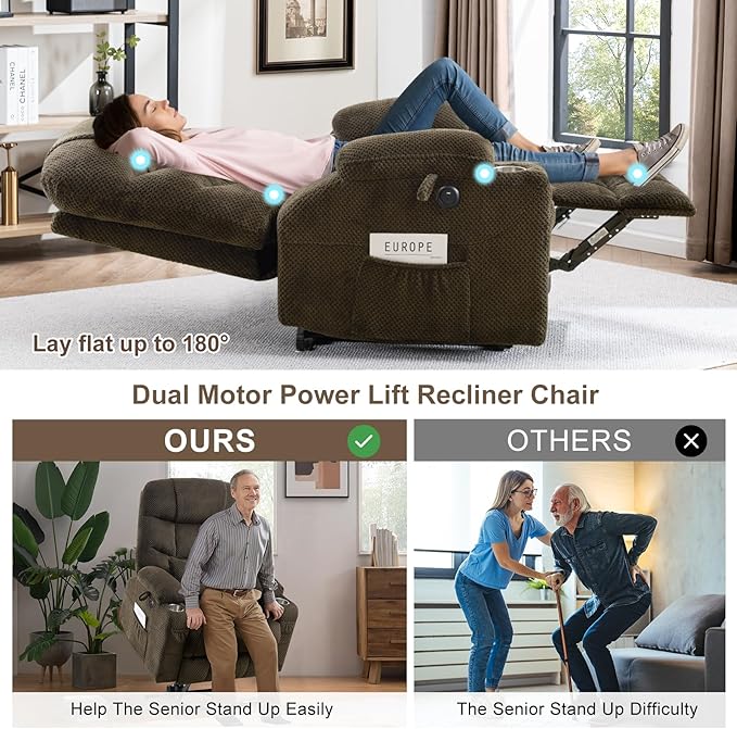 CDCASA Oversized Dual Motor Lay Flat Power Lift Recliner Chair with Massage, Heating, Textile Infinite Position Large Recliner Chairs for Big & Elderly People, USB & Type-C Ports, Brown