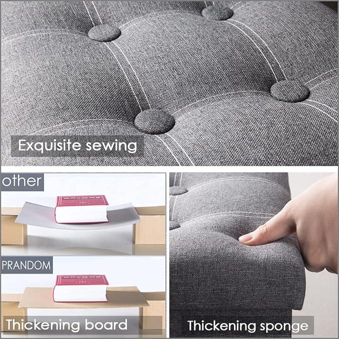 PRANDOM Jumbo Ottoman with Storage [1-Pack] Linen Folding Small Square Foot Stool with Lid for Living Room Bedroom Coffee Table Dorm Grey 43x15x15 inches
