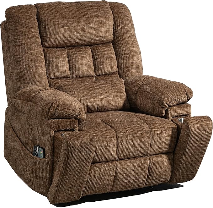 27in Extra Wide Recliner Chair for Big Man 400lbs, 4-Motor Power Lift Recliner Chair with Heat and Massage, Overstuffed Lay Flat Recliner with Hidden Cup Holder for Elderly, Brown